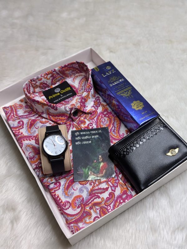 **শার্ট কম্বো প্যাকেজ** 🍀ওয়ালেট 🍀ঘড়ি 🍀লাফজ পারফিউম 🍀কার্ট 🍀গিফট বক্স গিফট কম্বো প্যাকেজ সাইজ :M/L/XL
